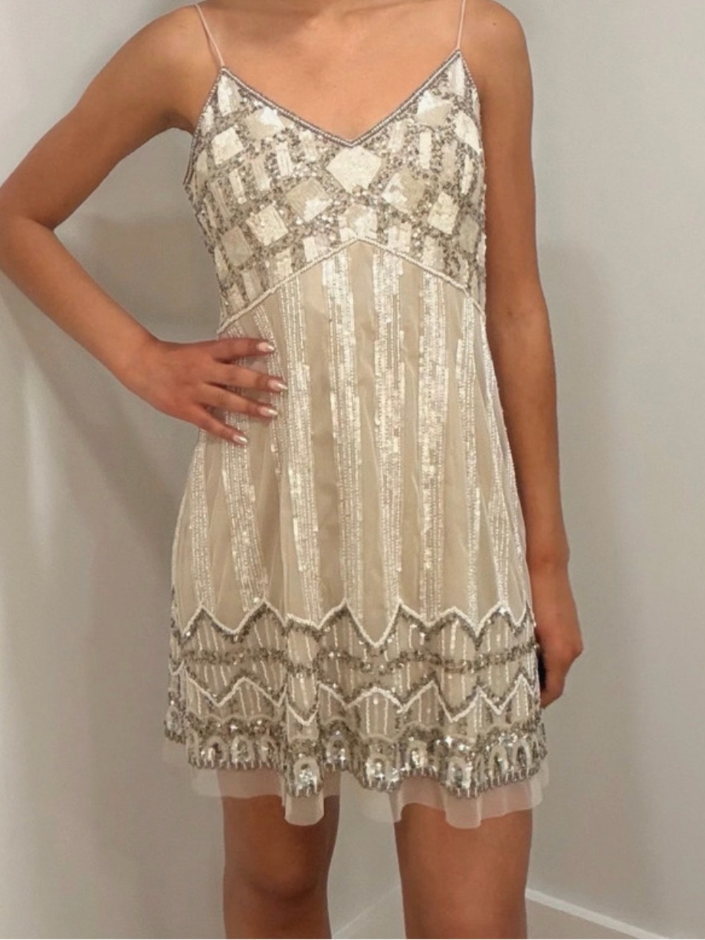 Aidan Mattox Vintage Cream and Silver Sequin and beaded Mini Slip Dress
